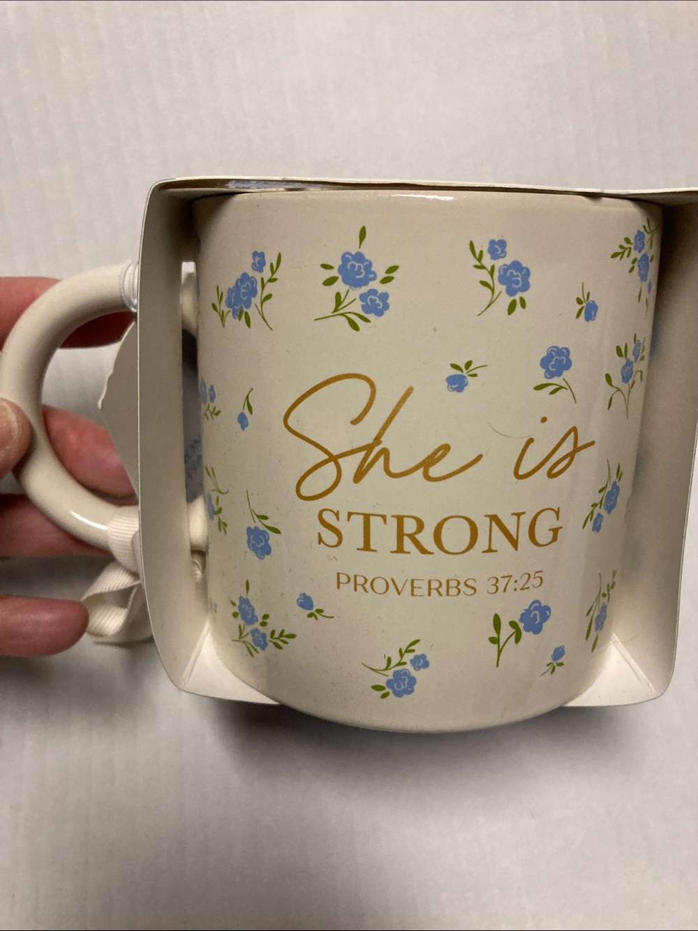 She Is Strong Floral Ceramic Mug - White with Blue Flowers